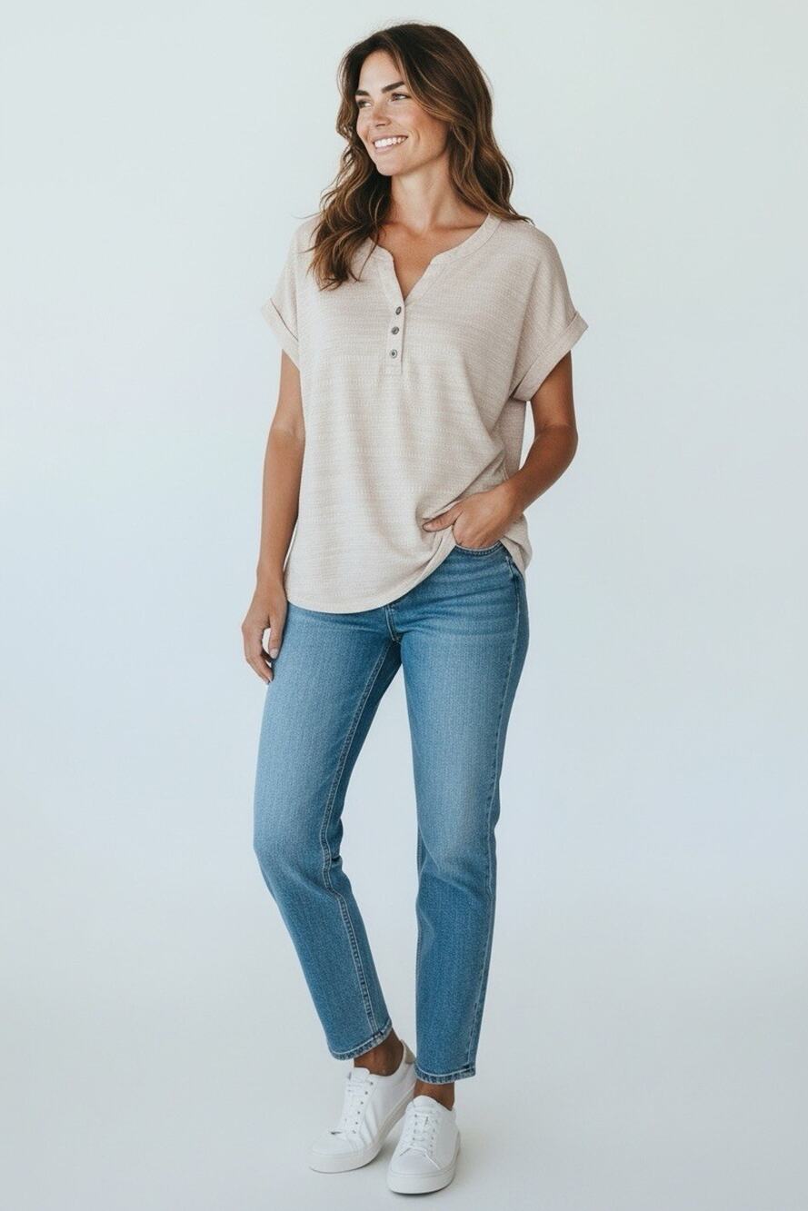 Jane & Delancey Textured SS 3 Button V-neck Pullover Blouse Top Peach Pink XL